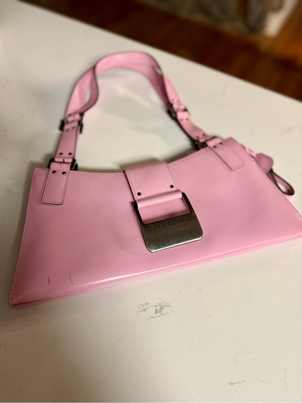 Vintage Y2K GUESS Pink Patent Shoulder Bag with Branded Buckle